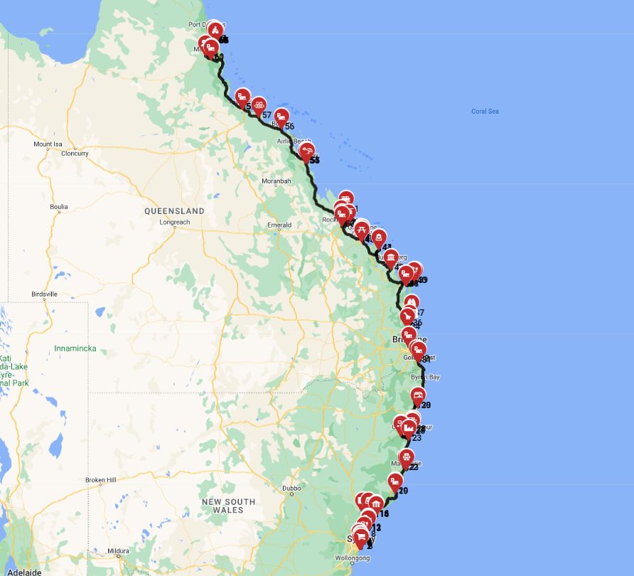 Map for Sydney to Cairns